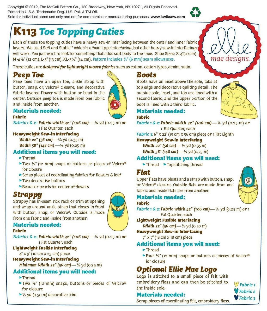 Kwik Sew K0113 Toe Topping Cuties Sewing Pattern