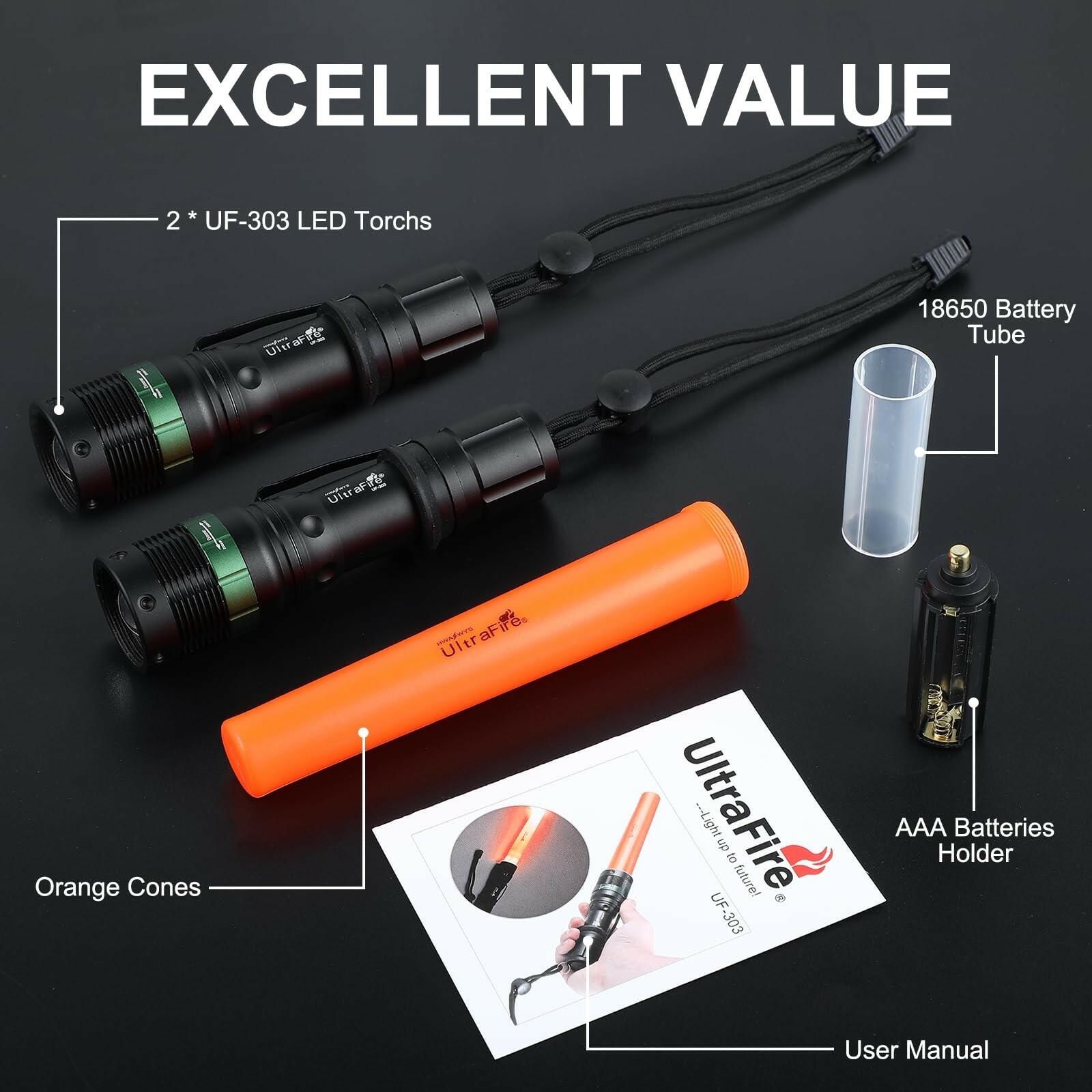 ULTRAFIRE 2pc 11-Inch Signal Traffic Wand Safty LED Flashlight 250 Lumen, Red