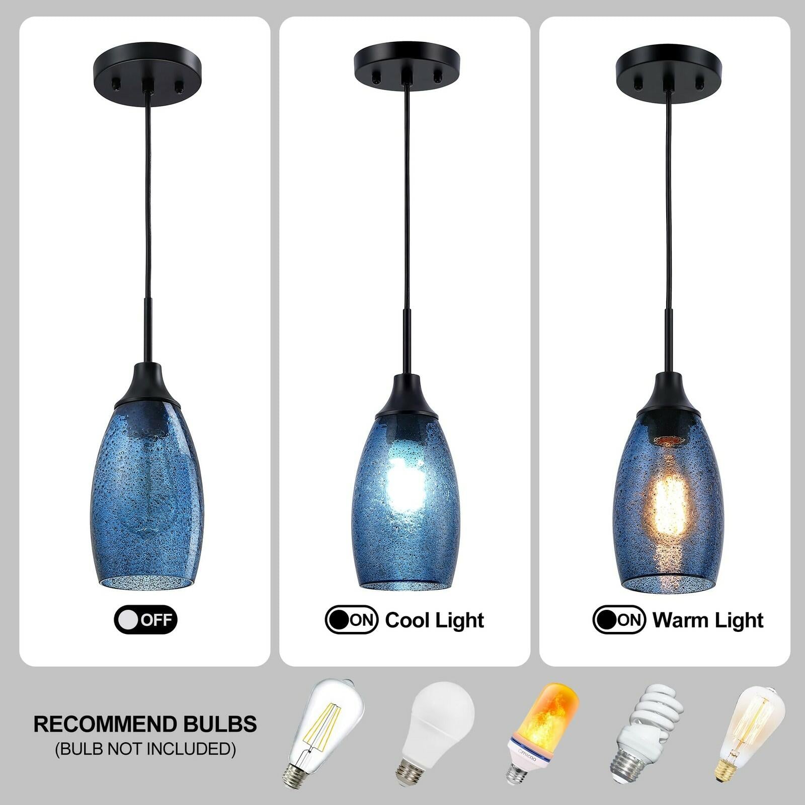 1 PACK Viinew Mini Glass Pendant Light Handblown Clear Dark Blue Seeded Glass
