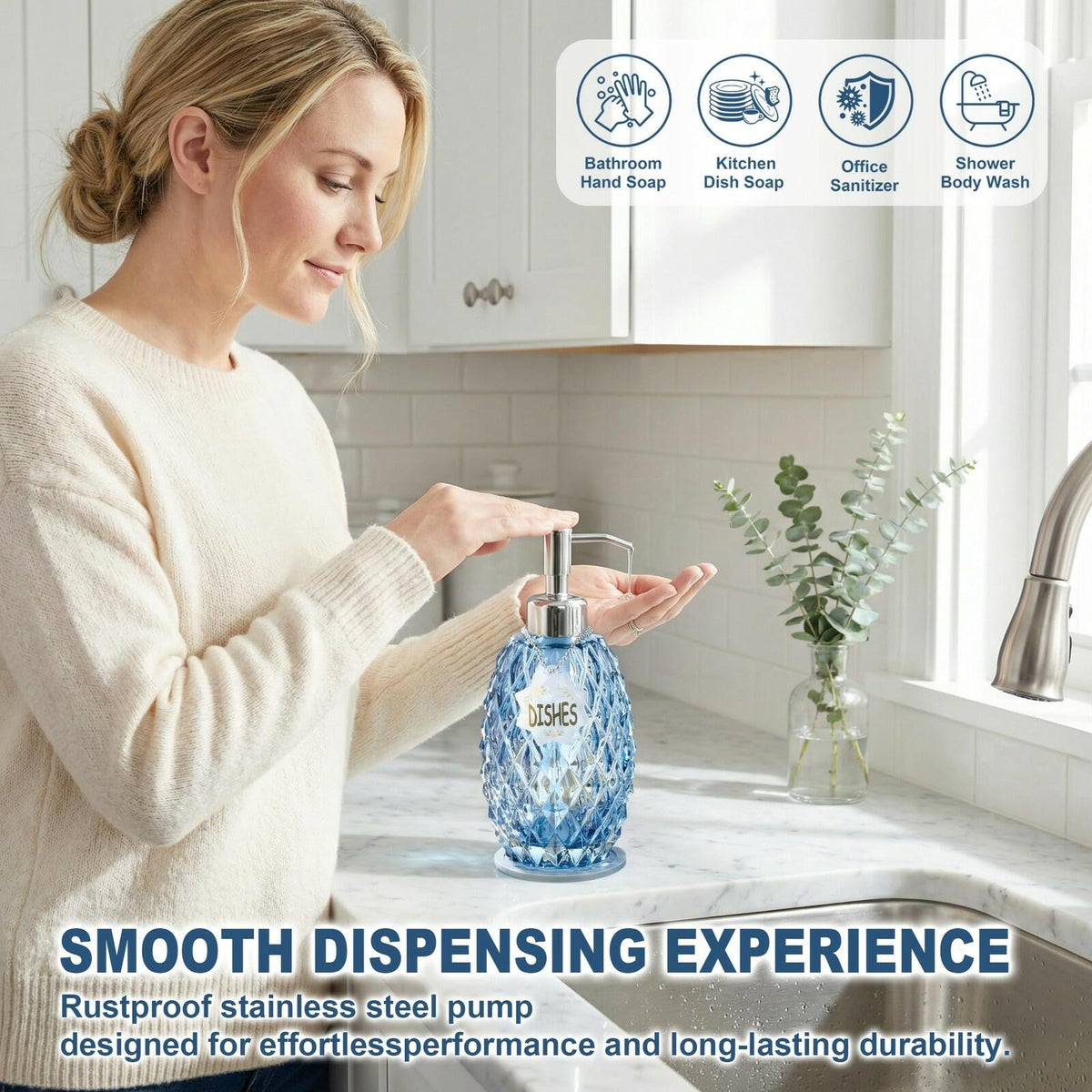 MALACHI Soap Dispenser Set, Crystal-Textured Diamond Glass with Rustproof