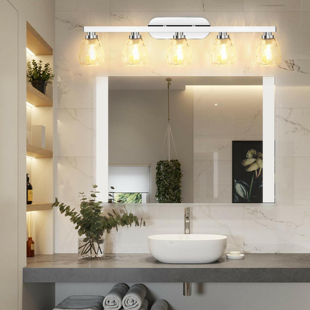 GarveeTech 4 Light Bathroom Light Fixtures Chrome with Hammered Glass Shade,