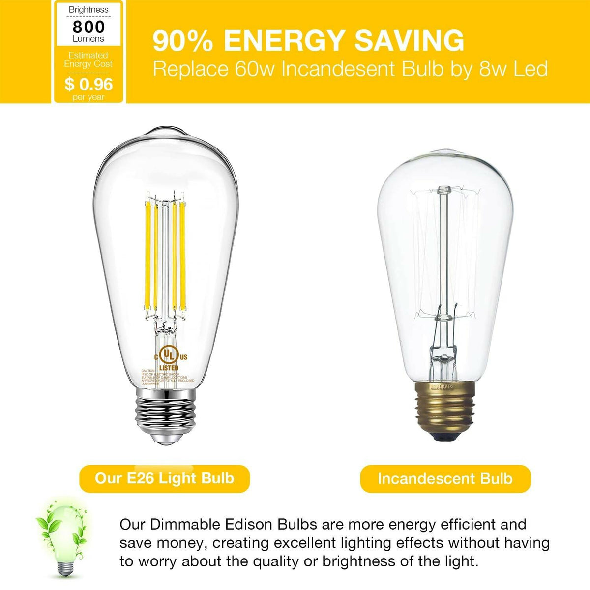 DAYBETTER 4 Pack Vintage LED Edison Bulbs, E26 Led Bulb 60W Equivalent, Dimmable