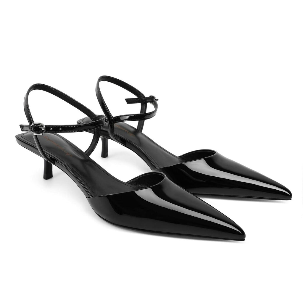 SAMMITOP Womens Black Kitten Heels Closed Pointed Toe Ankle Strap Slingback