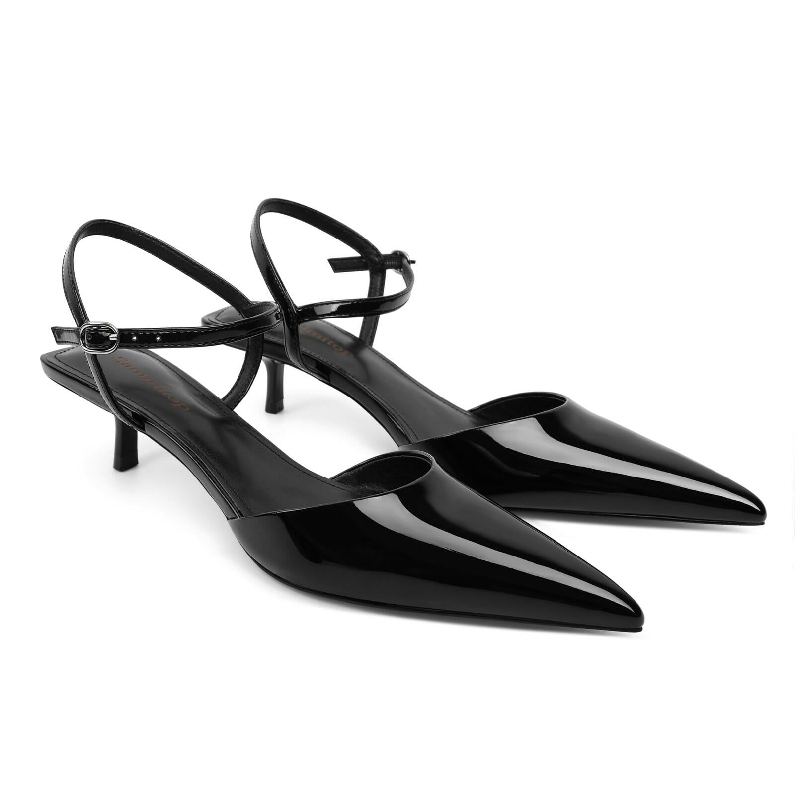SAMMITOP Womens Black Kitten Heels Closed Pointed Toe Ankle Strap Slingback