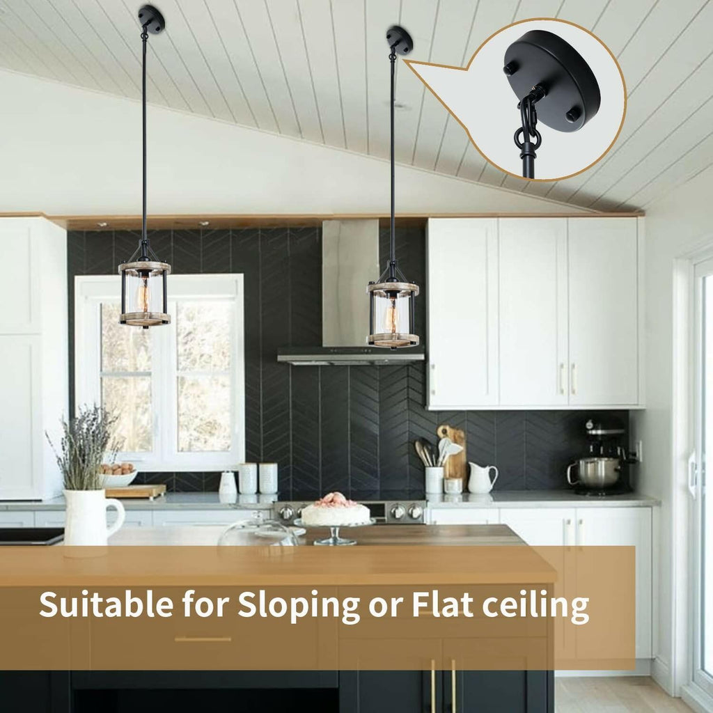 Ejerlya Farmhouse Pendant Light, Rustic White Wood and Metal Cage Hanging Light