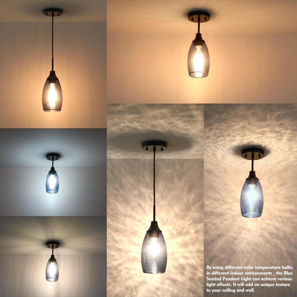 1 PACK Viinew Mini Glass Pendant Light Handblown Clear Dark Blue Seeded Glass