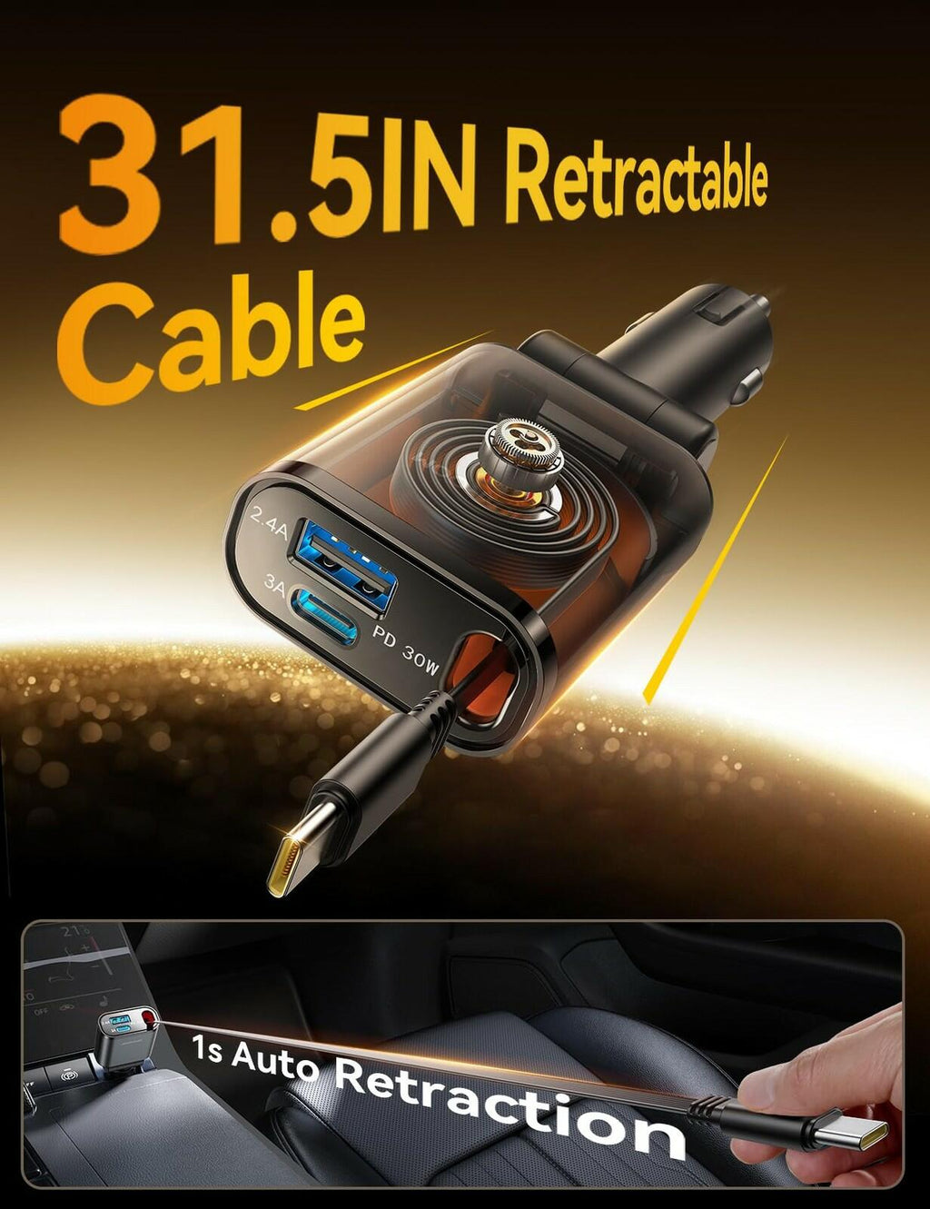 72W Car Charger USB C - PD45W USB C Retractable Cable Fast Charging for iPhone