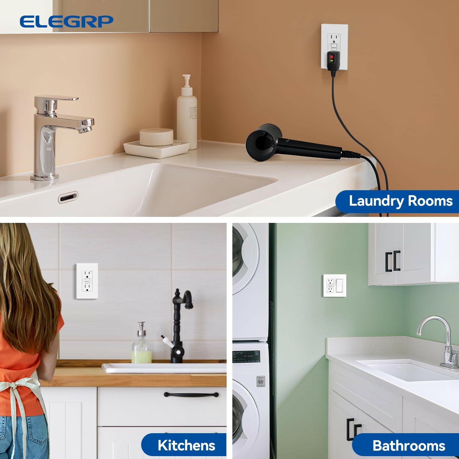 2 PACK ELEGRP GFCI Outlet 15 Amp, Self-Test GFI Electrical Outlet with Thinner