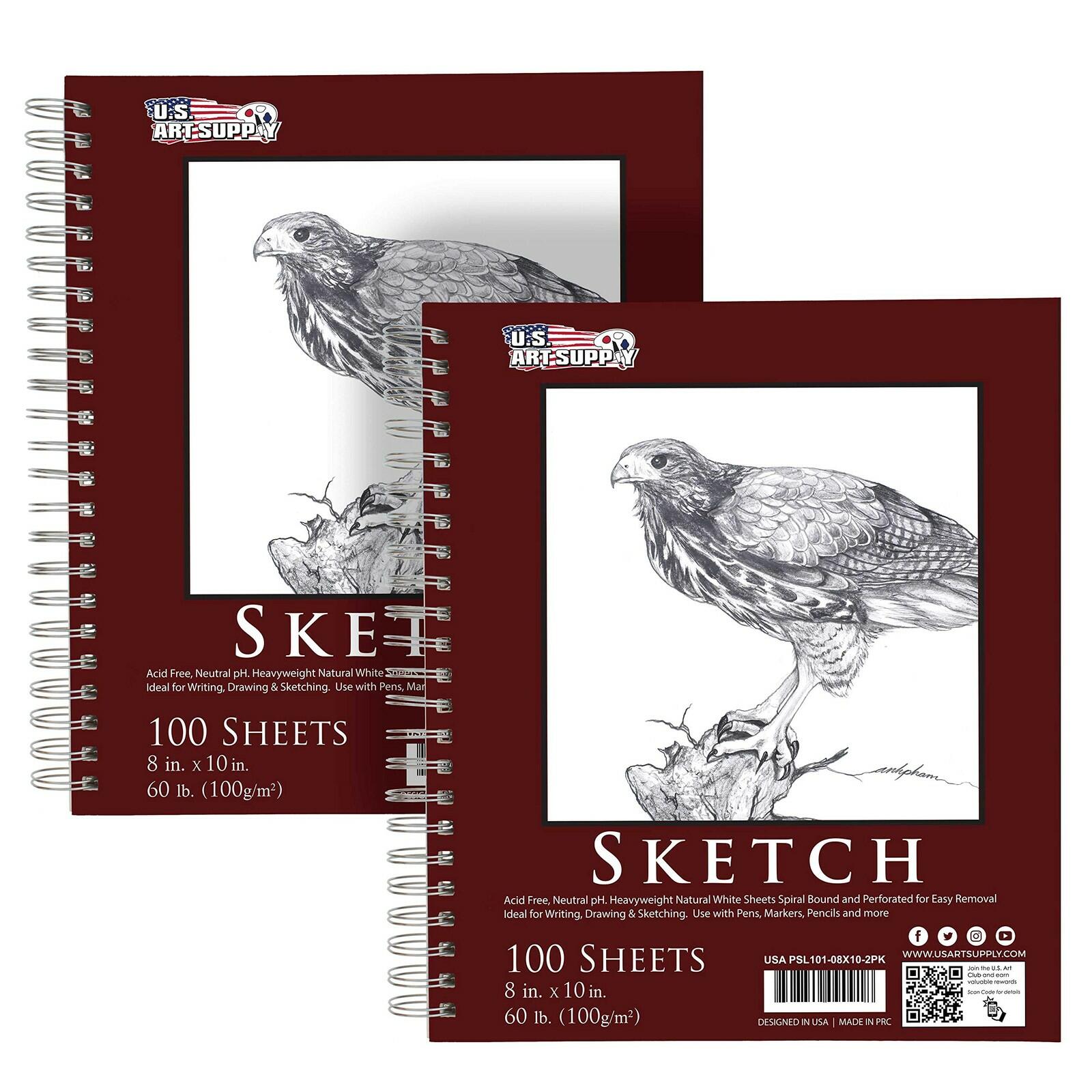 U.S. Art Supply 8"x10" Sketch Book Pad, 2 Pack (100 Sheets Each), 60lb (100gsm)
