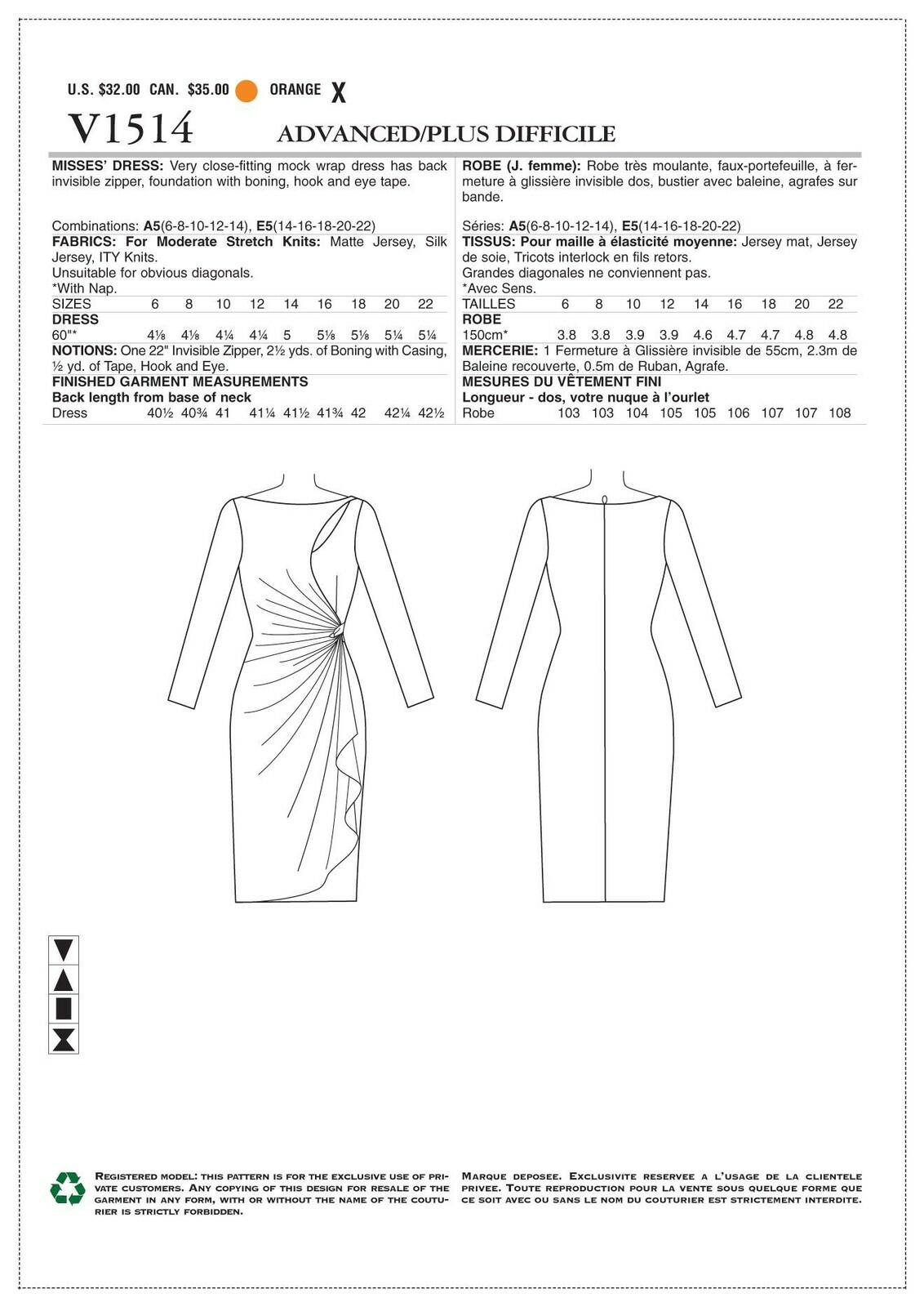 Vogue Patterns Misses' Mock-Wrap Cutout Dress Sewing Pattern, 14-16-18-20-22,
