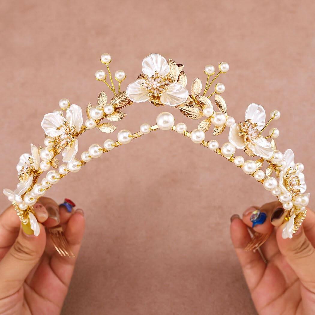 Gortin Flower Crown Bride Wedding Headband Gold Leaf Bridal Princess Headpiece
