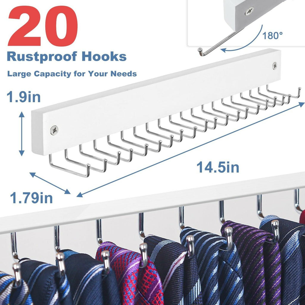 Tie Rack Wall Mounted, Belt Rack Tie Organizer for Men with 20 Storage Hooks,