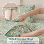 Huborise 17.5", 4Pcs Boho Sheets Silky Green Floral Bed Sheet Set Queen Size