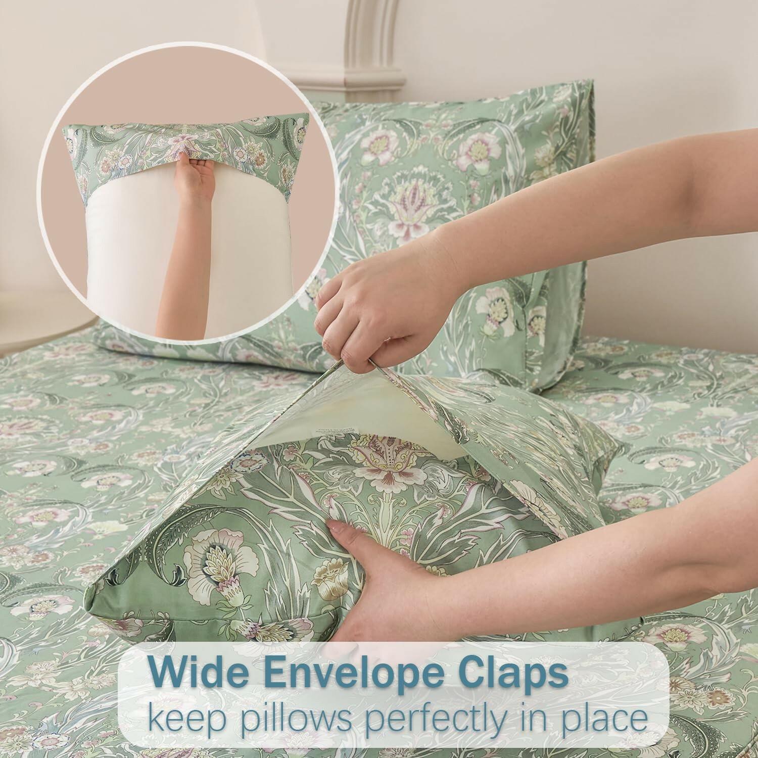 Huborise 17.5", 4Pcs Boho Sheets Silky Green Floral Bed Sheet Set Queen Size