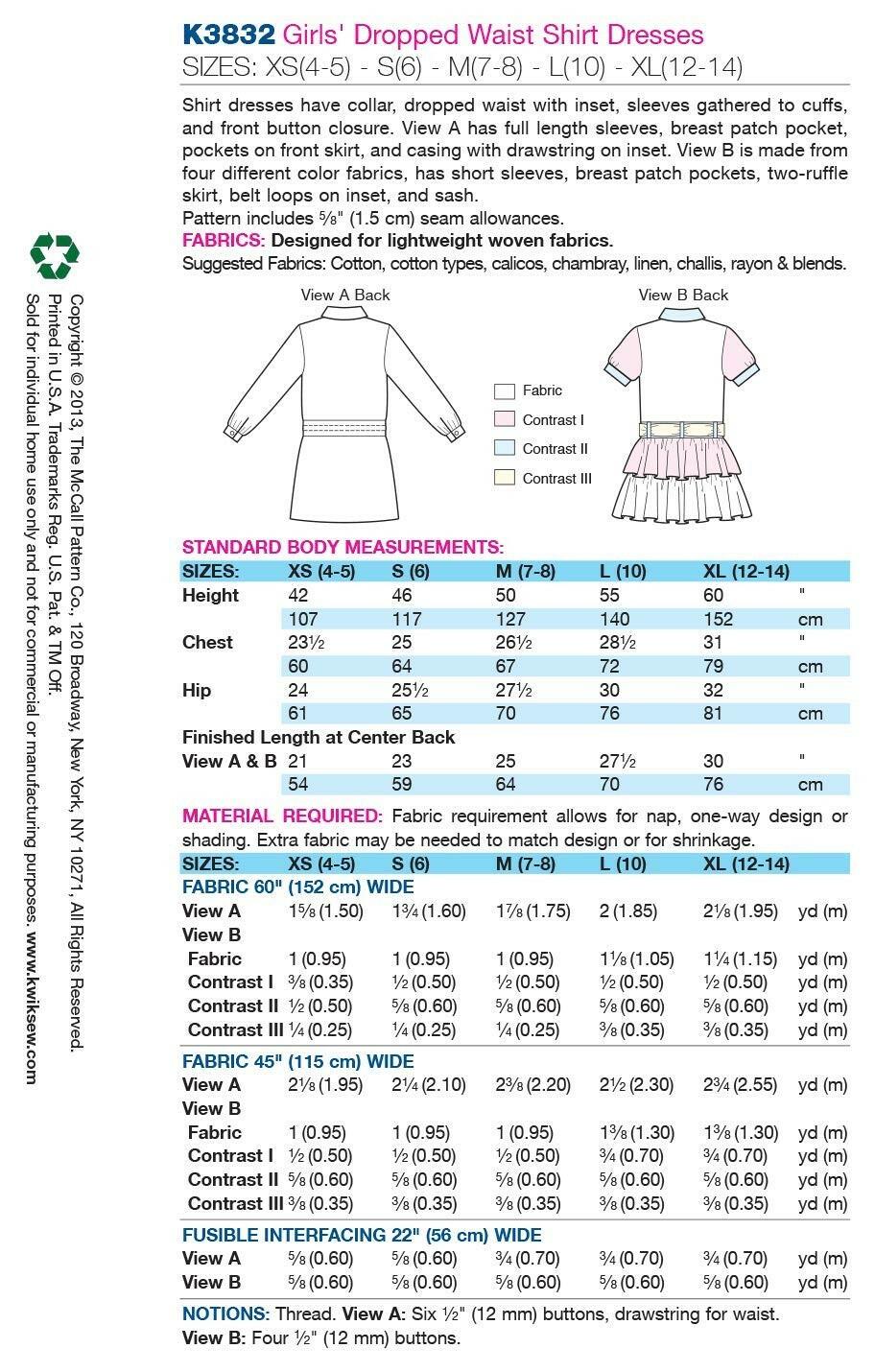 Kwik Sew K3832 Dropped Waist Shirt Dresses Sewing Pattern, Size XS-S-M-L-XL