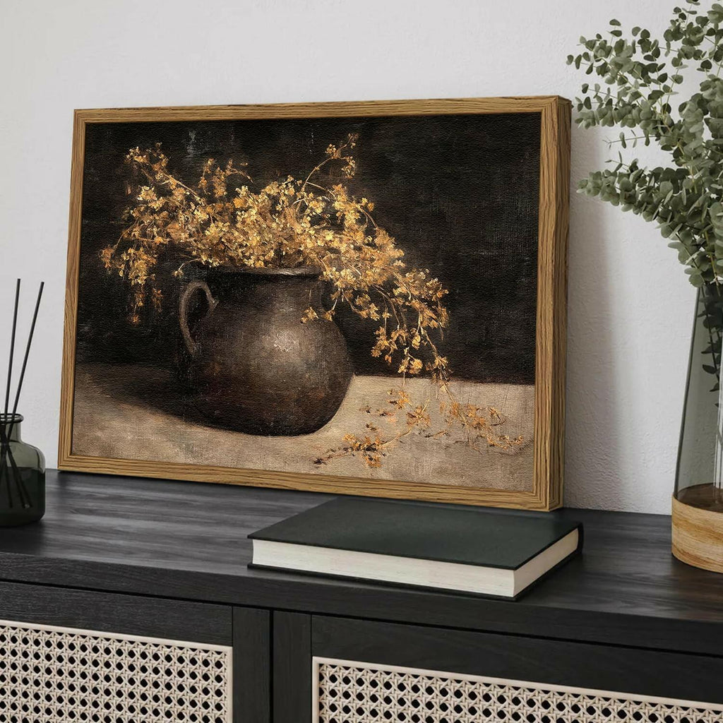 Framed Vintage Floral Wall Art, 12x16 inch 3D Textured Sandstone Dark Still Life