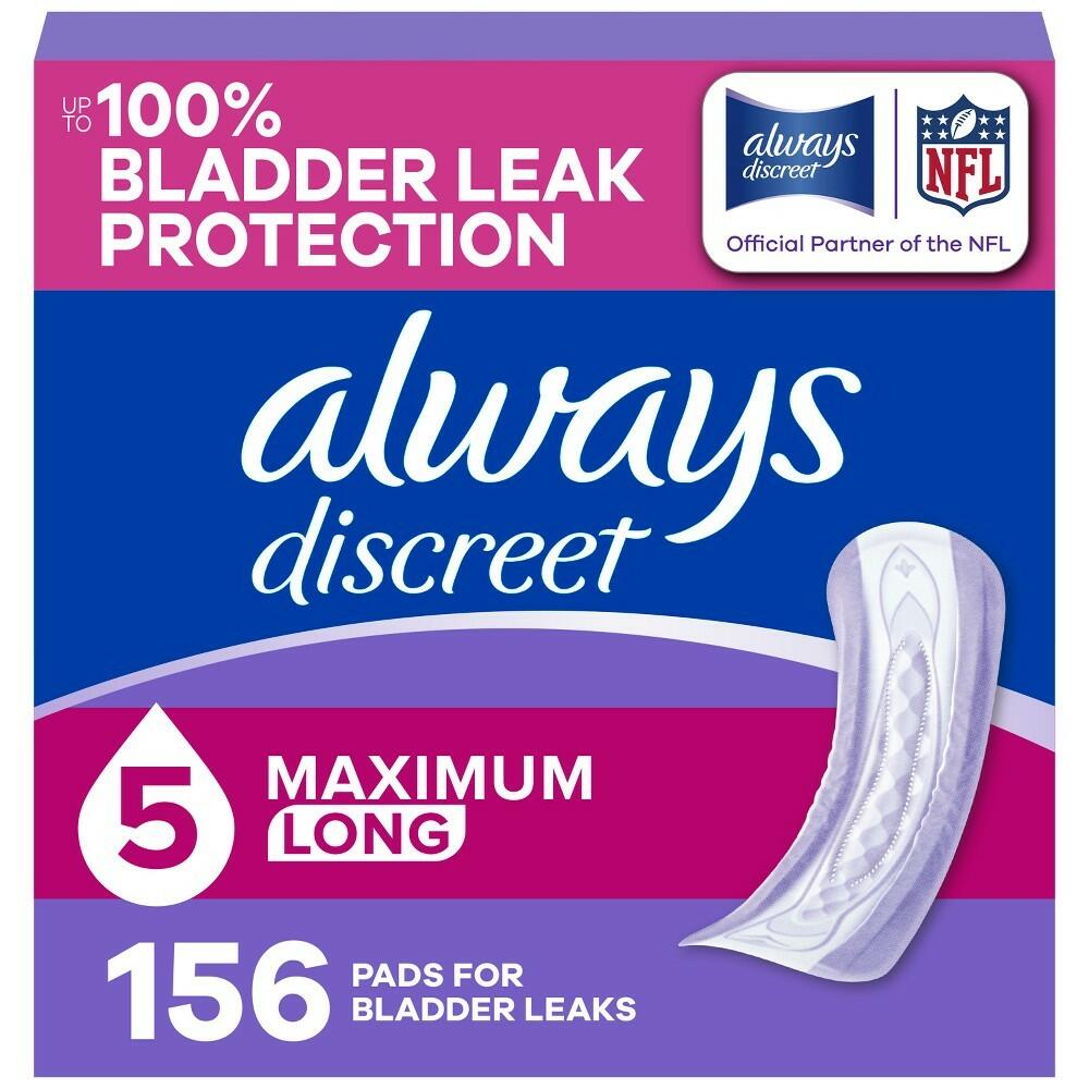 Always Discreet Incontinence Pads - 5 Drop Extra Heavy Long Pads - 156ct