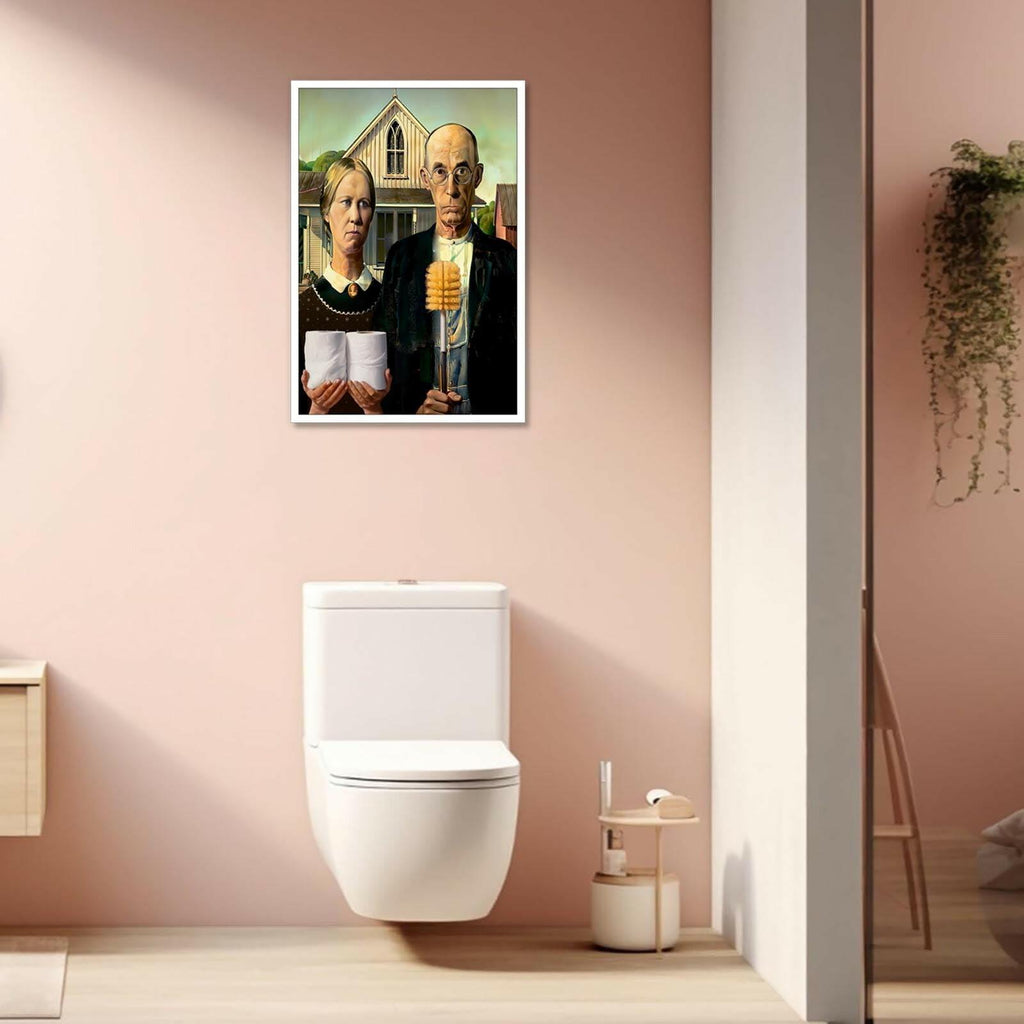 Funny Bathroom Canvas Wall Art Vintage American Gothic Toilet Poster World