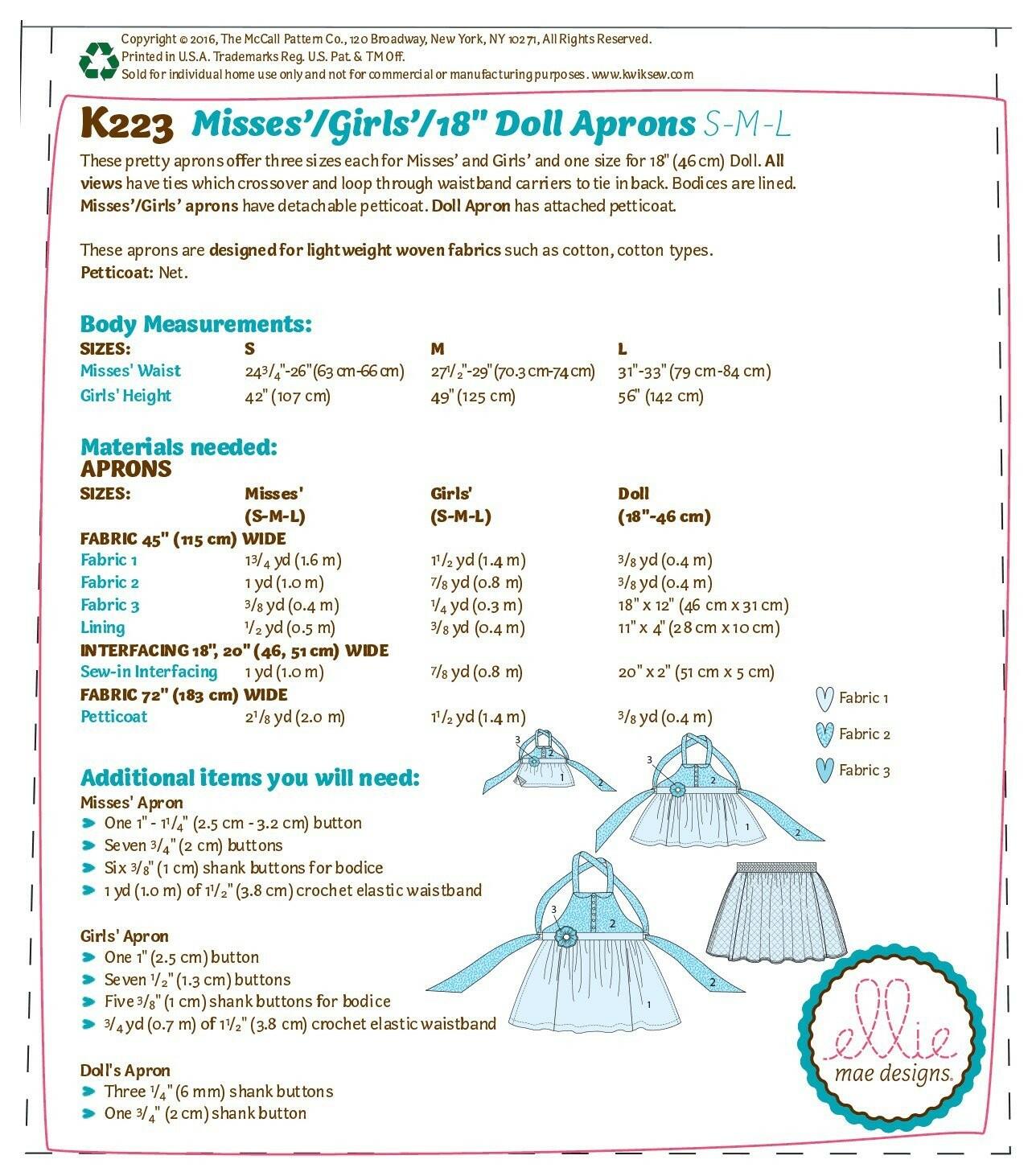 McCall's Misses'/Girls'/18" Dolls' Matching Full Aprons Sewing Pattern