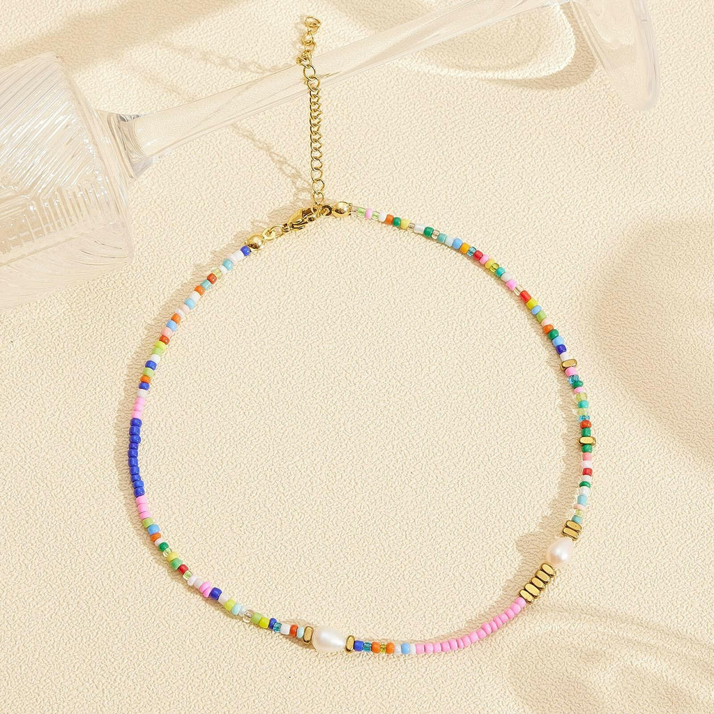 Wellike Freshwater Pearl Beaded Necklace for Women Handmade Boho Colorful Glass