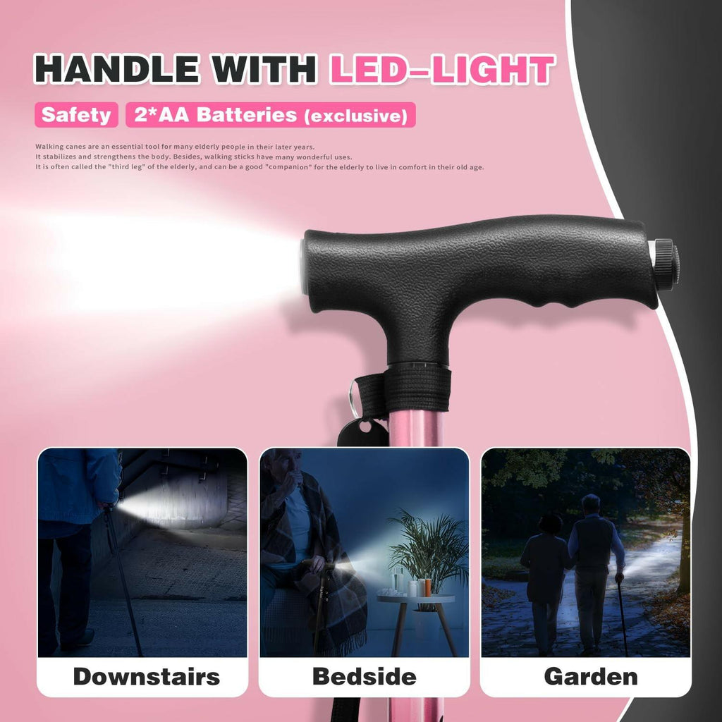 BigAlex Folding Walking Cane with LED Light,Pivoting Quad Base,Adjustable