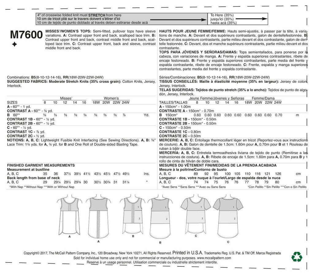 McCall's Misses'/Women's Pullover Tops With Contrast And Sleeve Variations