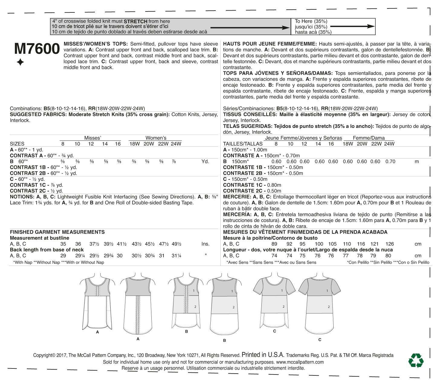 McCall's Misses'/Women's Pullover Tops With Contrast And Sleeve Variations