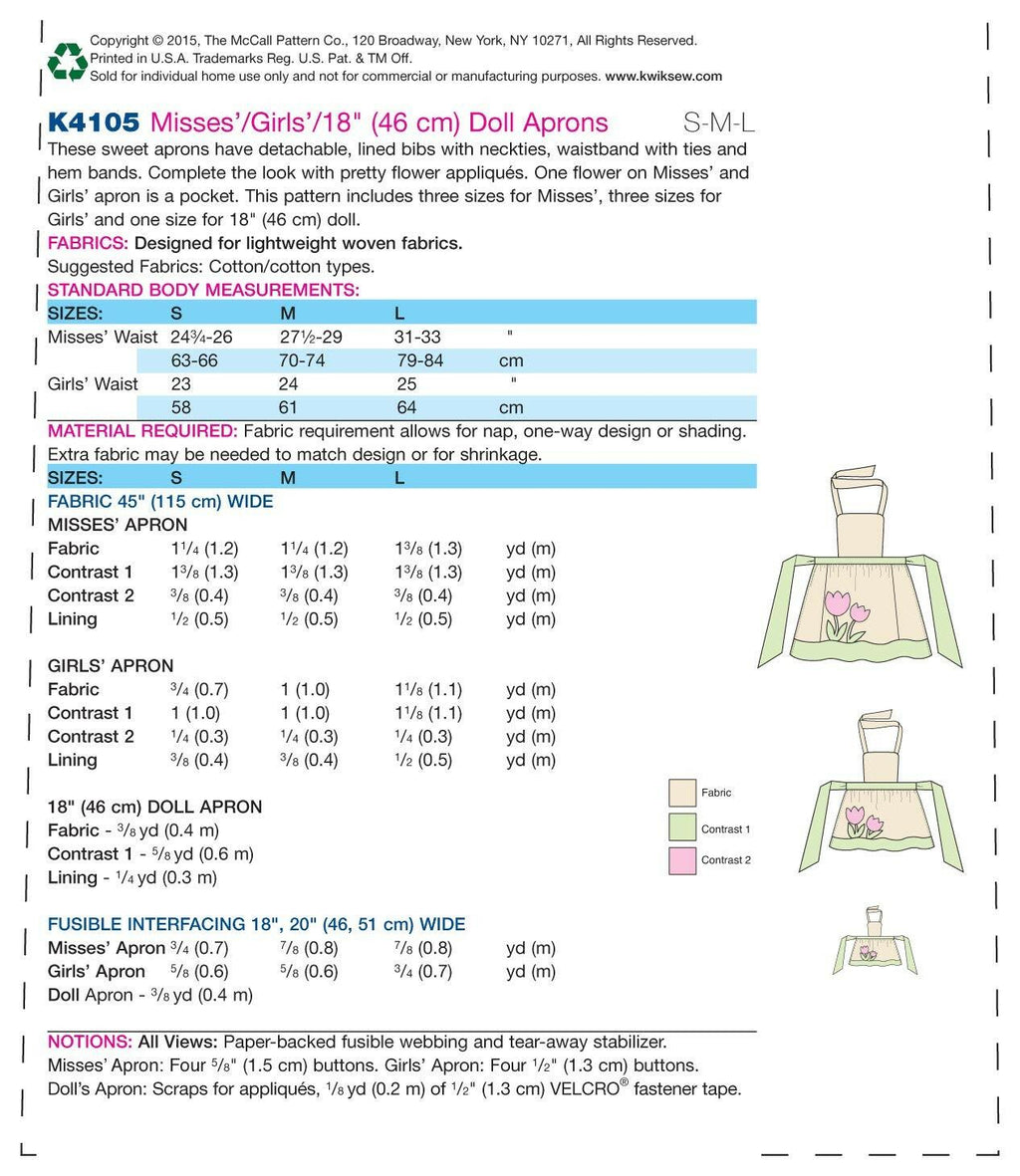 KWIK-SEW PATTERNS K4105 Misses'/Girls'/Dolls' Aprons, in One Envelope (S - L)