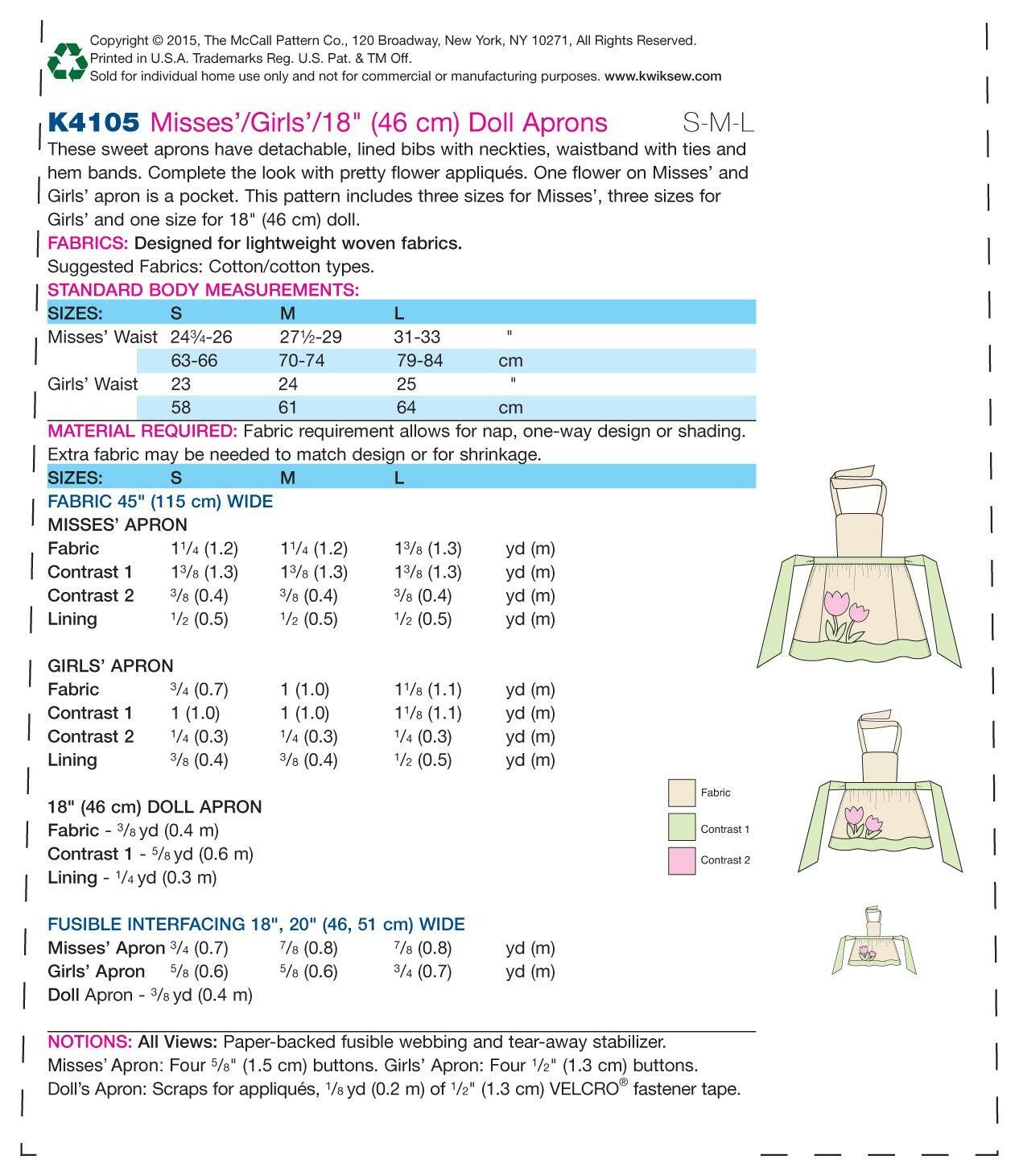 KWIK-SEW PATTERNS K4105 Misses'/Girls'/Dolls' Aprons, in One Envelope (S - L)