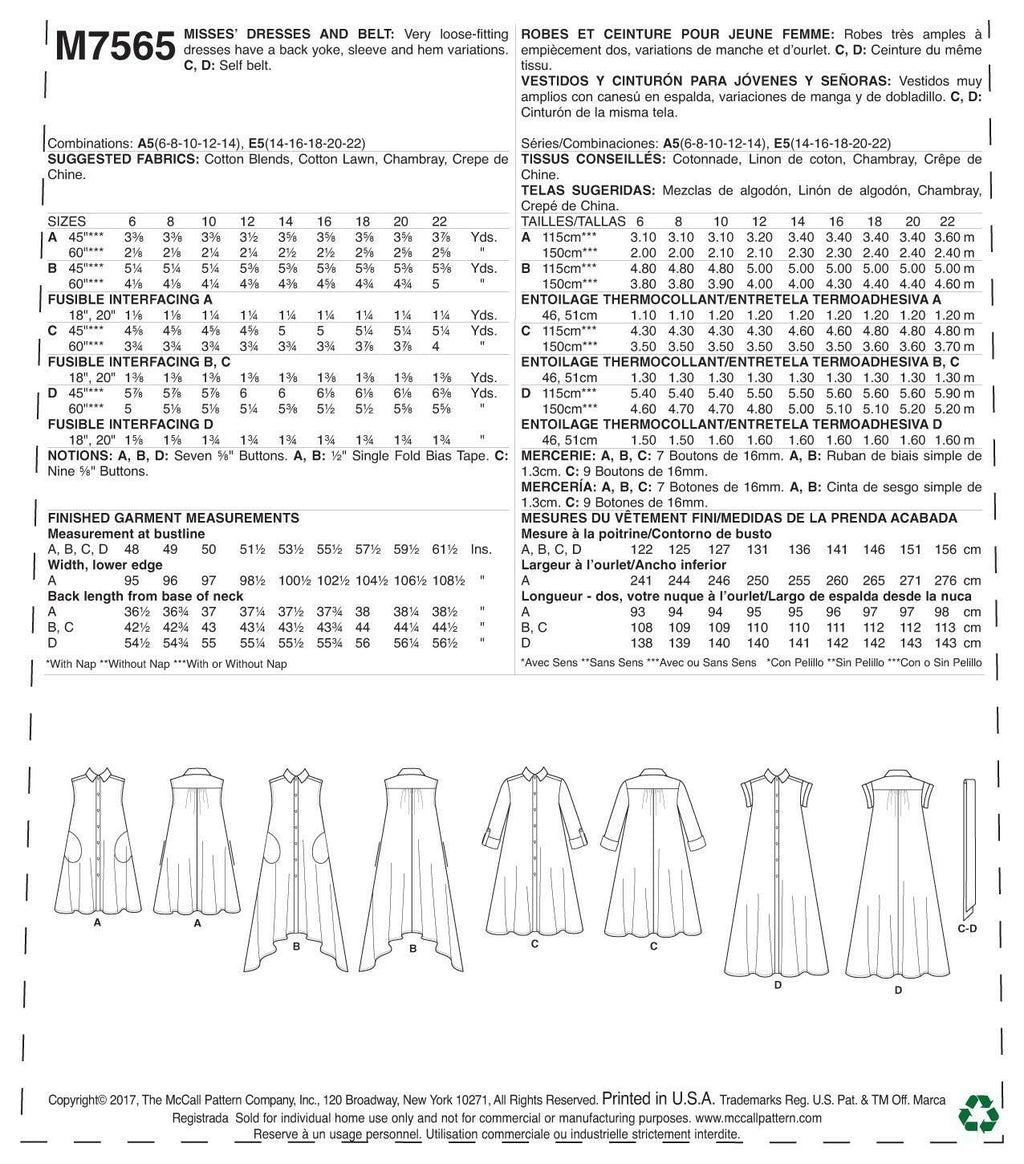 McCall's Patterns Misses Shirtdresses with Sleeve Options and Belt