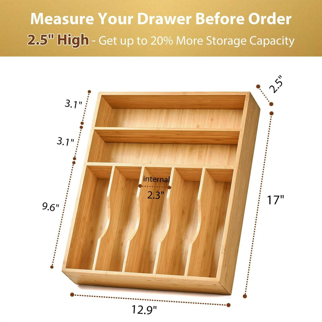 Umilife Bamboo Kitchen Drawer Organizer, 13 Inch Silverware Utensil Tray Holder,
