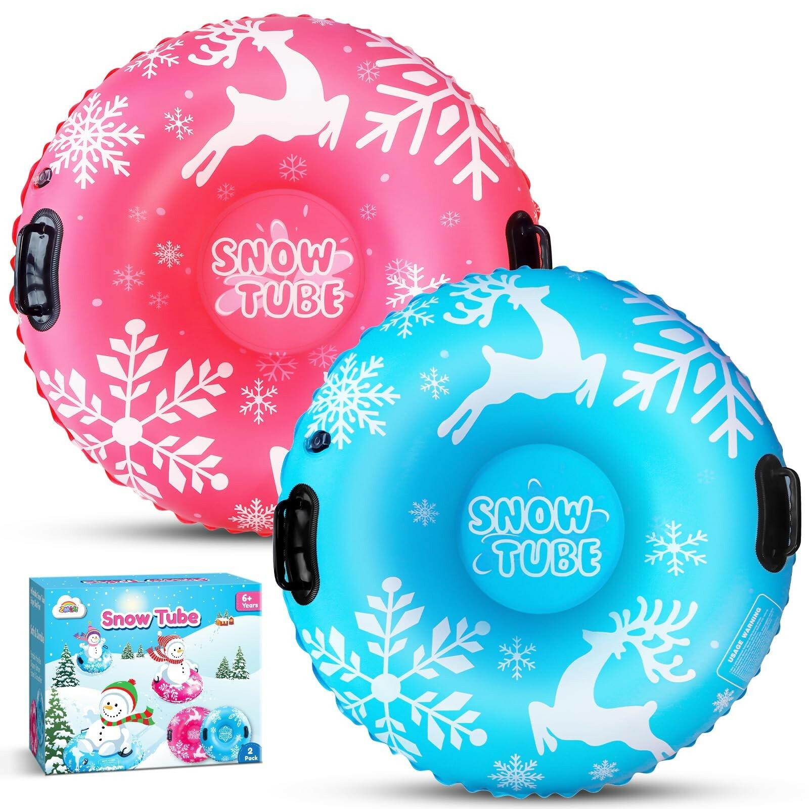 2 PACK ZMLM Snow Tubes for Kids, Plastic Snow Sleds with Handles, Inflatable