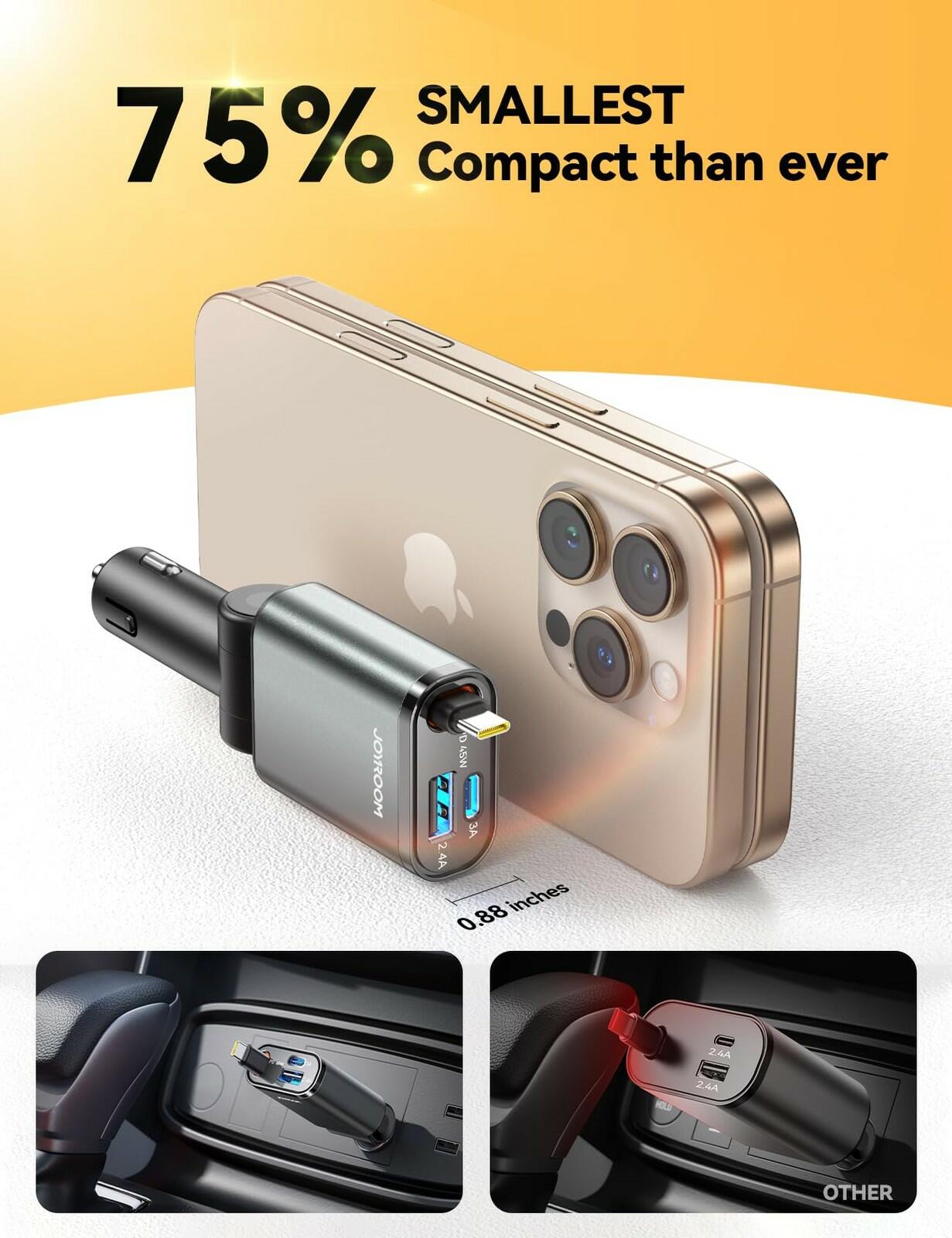 72W Car Charger USB C - PD45W USB C Retractable Cable Fast Charging for iPhone