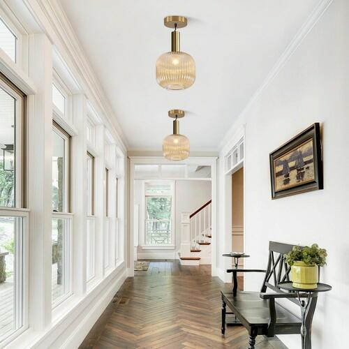 BOKT Modern Large Amber Glass Globe Pendant Light Fixture Brushed Brass Gold