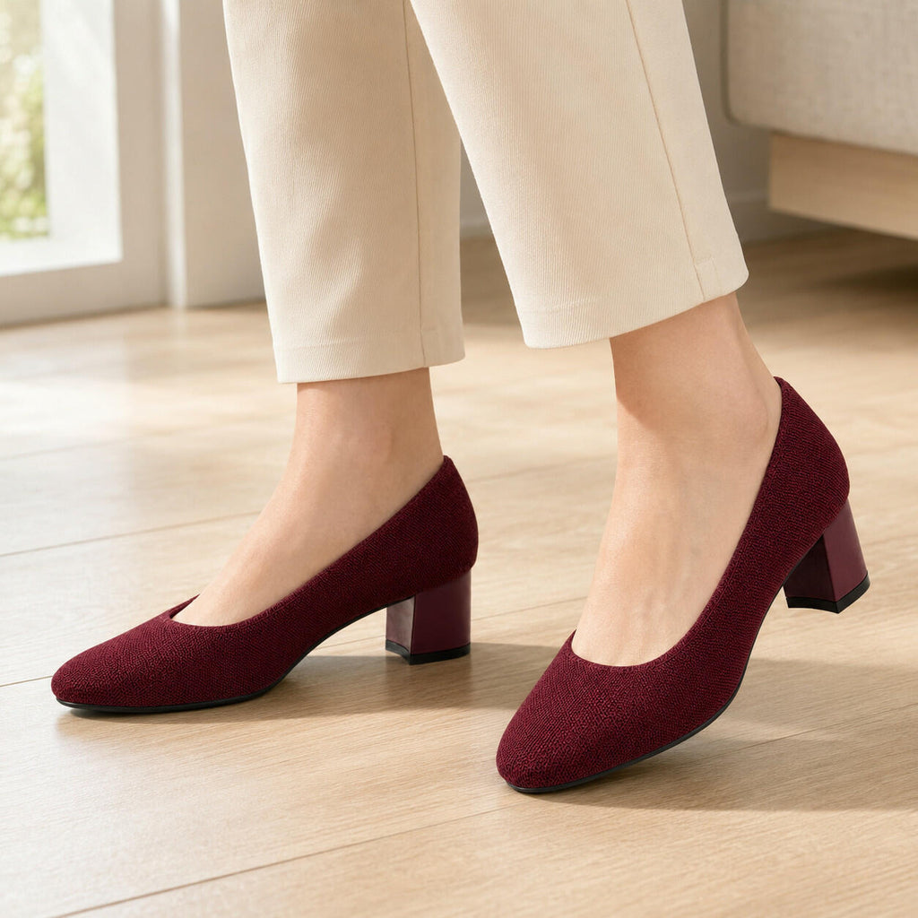 Burudani Women Burgundy Block Heel Pumps Knit Comfort Round Toe Size 11
