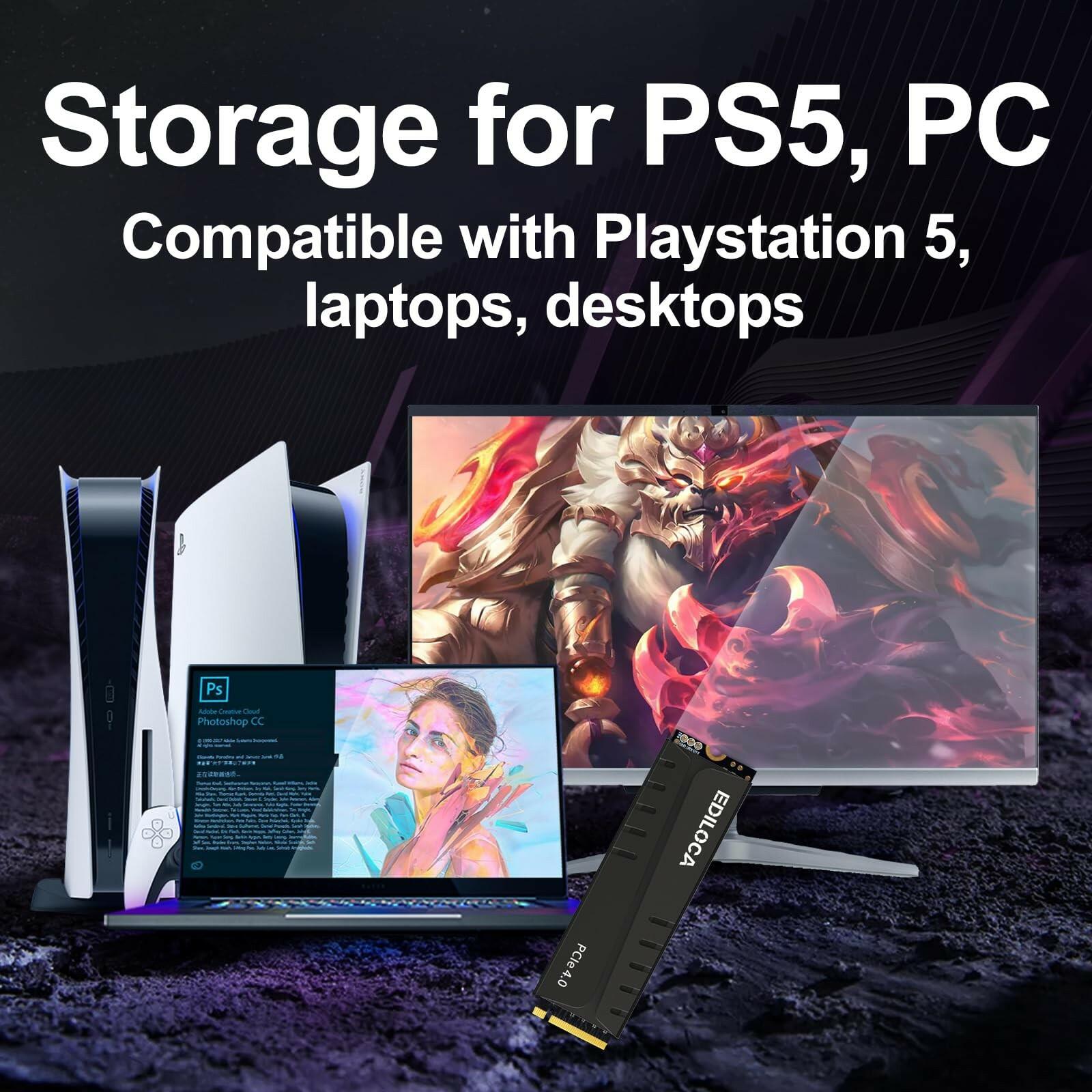 Ediloca 1TB PS5 SSD Heatsink PCIe Gen4 NVMe 7400MB/s DRAM EN855