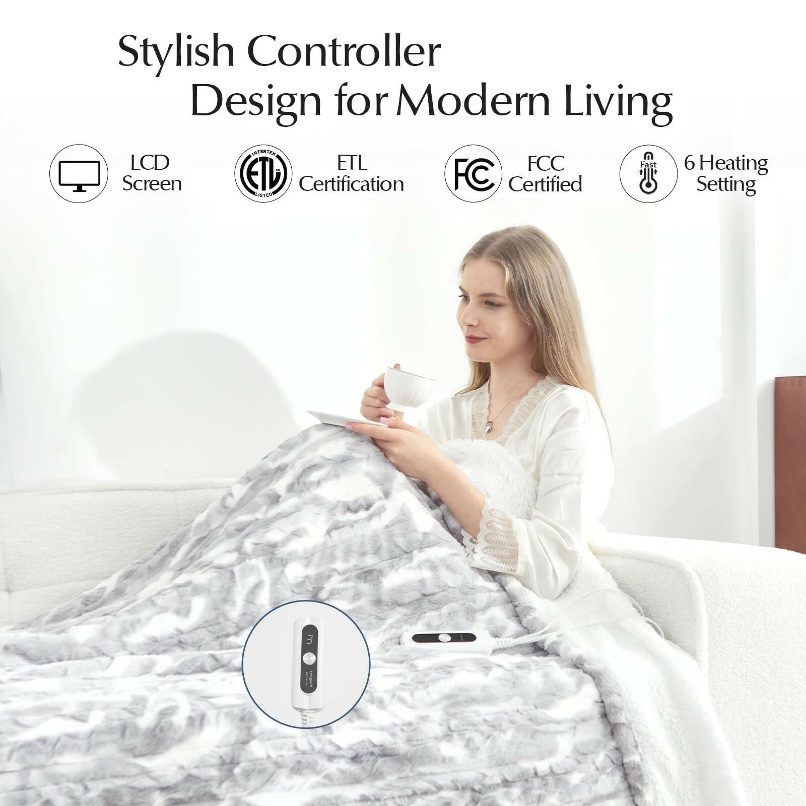SNUGSUN Heated Throw Blanket Faux Fur & Sherpa, Safe Electric Blanket ETL & FCC