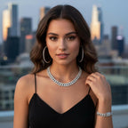 Batiyeer 3 Pcs Cuban Link Chain Necklace Bracelet Rhinestone Hoop Earrings Bling