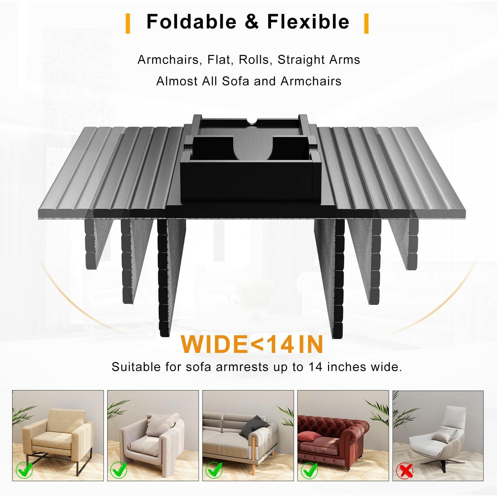 Bestjing Bamboo Couch Armrest Table, Sofa Arm Tray with Detachable Couch Cup
