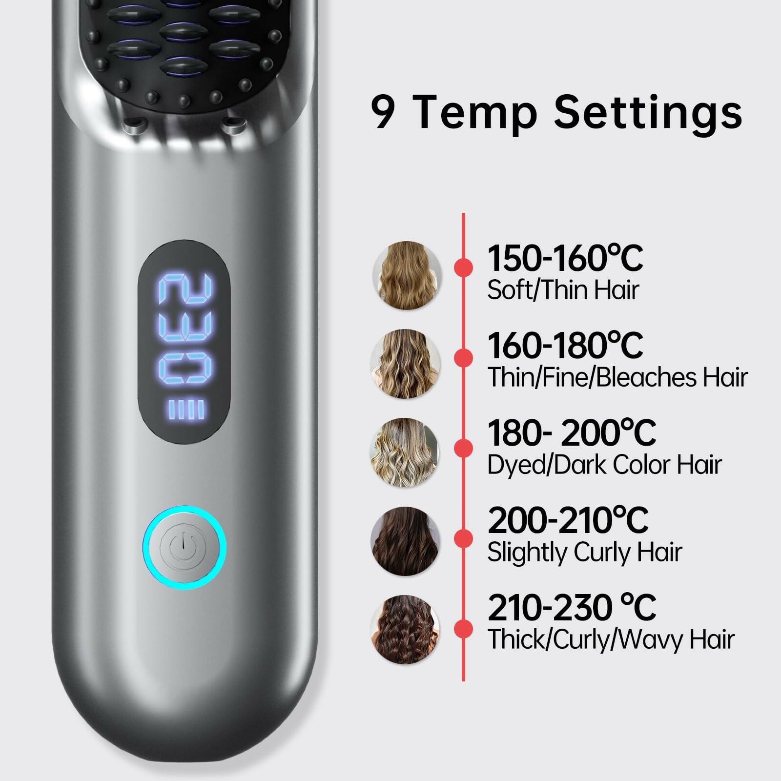 Cordless Hair Straightener Brush - Portable Straightener Brush with 9 Temp