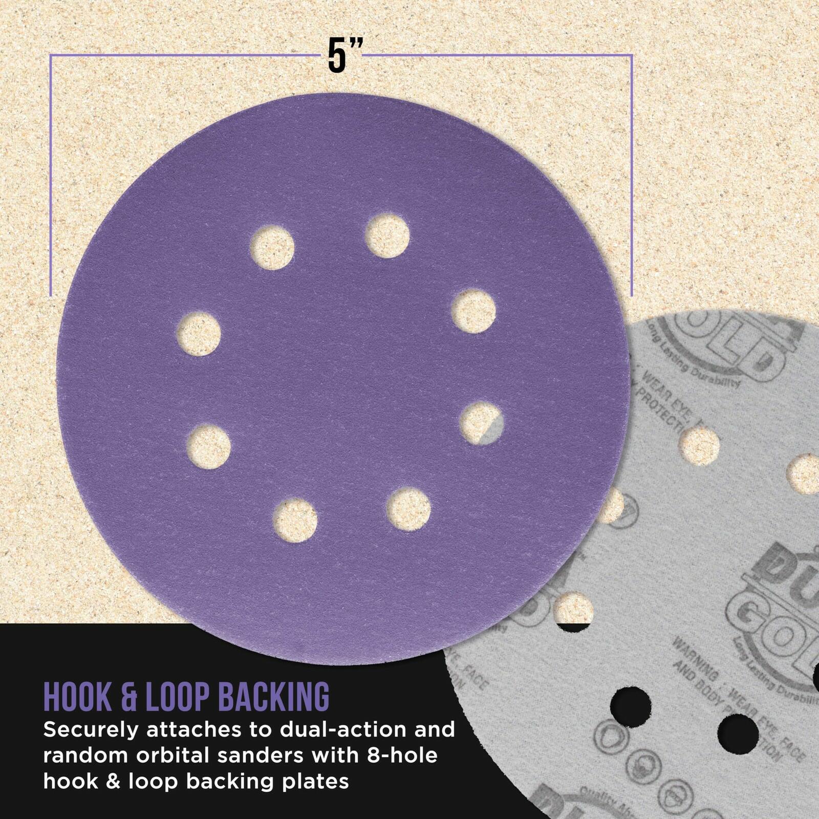 Dura-Gold Premium 220 Grit 5" Purple Film Ceramic Sanding Discs, 8-Hole Pattern,