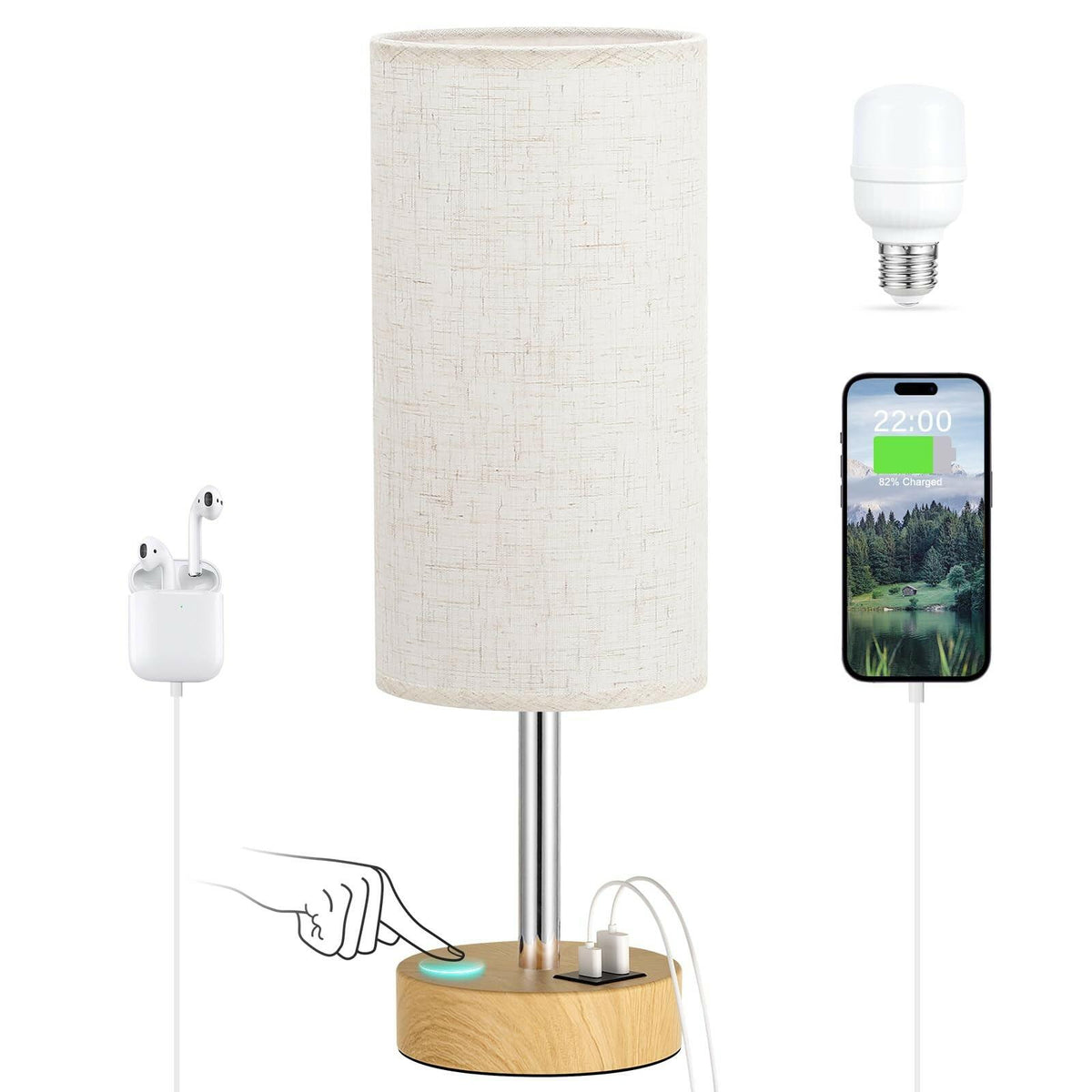 Dicoool Touch Bedside Table Lamp with USB - 3 Way Dimmable Wood Lamp for Bedroom