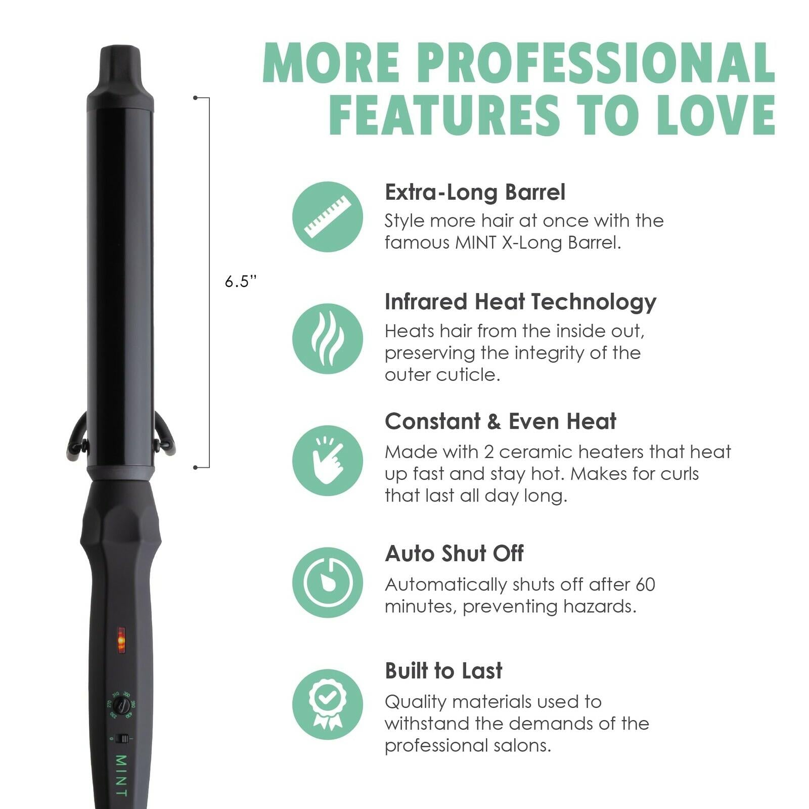 MINT Professional Clamp-Free Curling Wand 1 1/4 Inch for Long Hair | Extra Long
