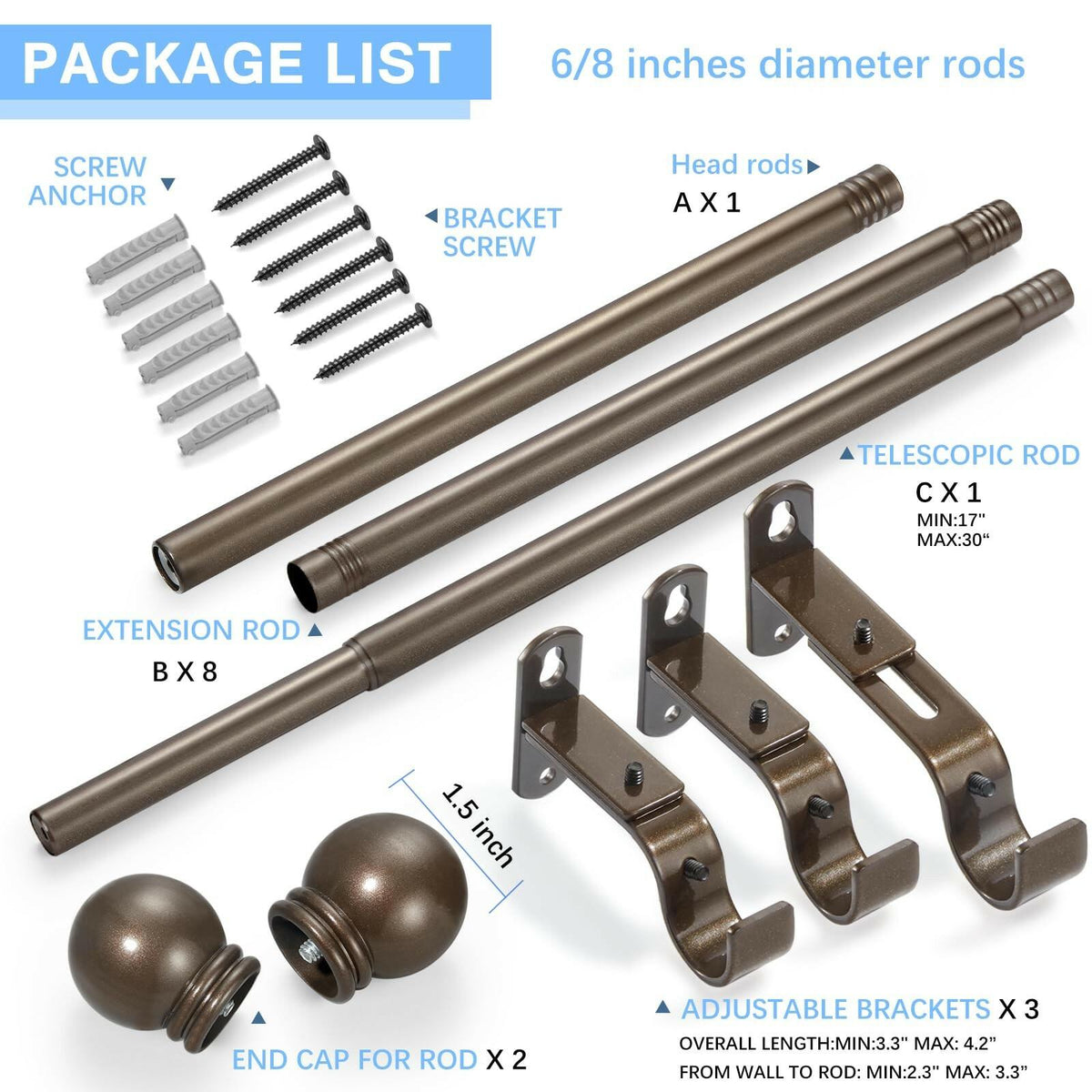 AMZSEVEN Curtain Rods for Windows 16 to 150 Inches, Curtain Rod Max Adjustable