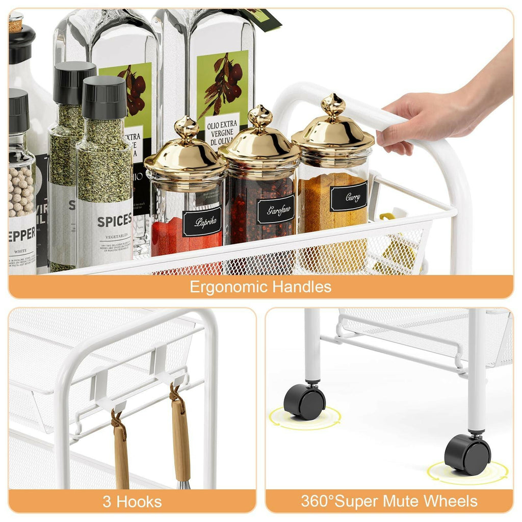 TOOLF 4-Tier Rolling Cart, Metal Utility Cart with 3 Hooks, Easy Assemble Mobile