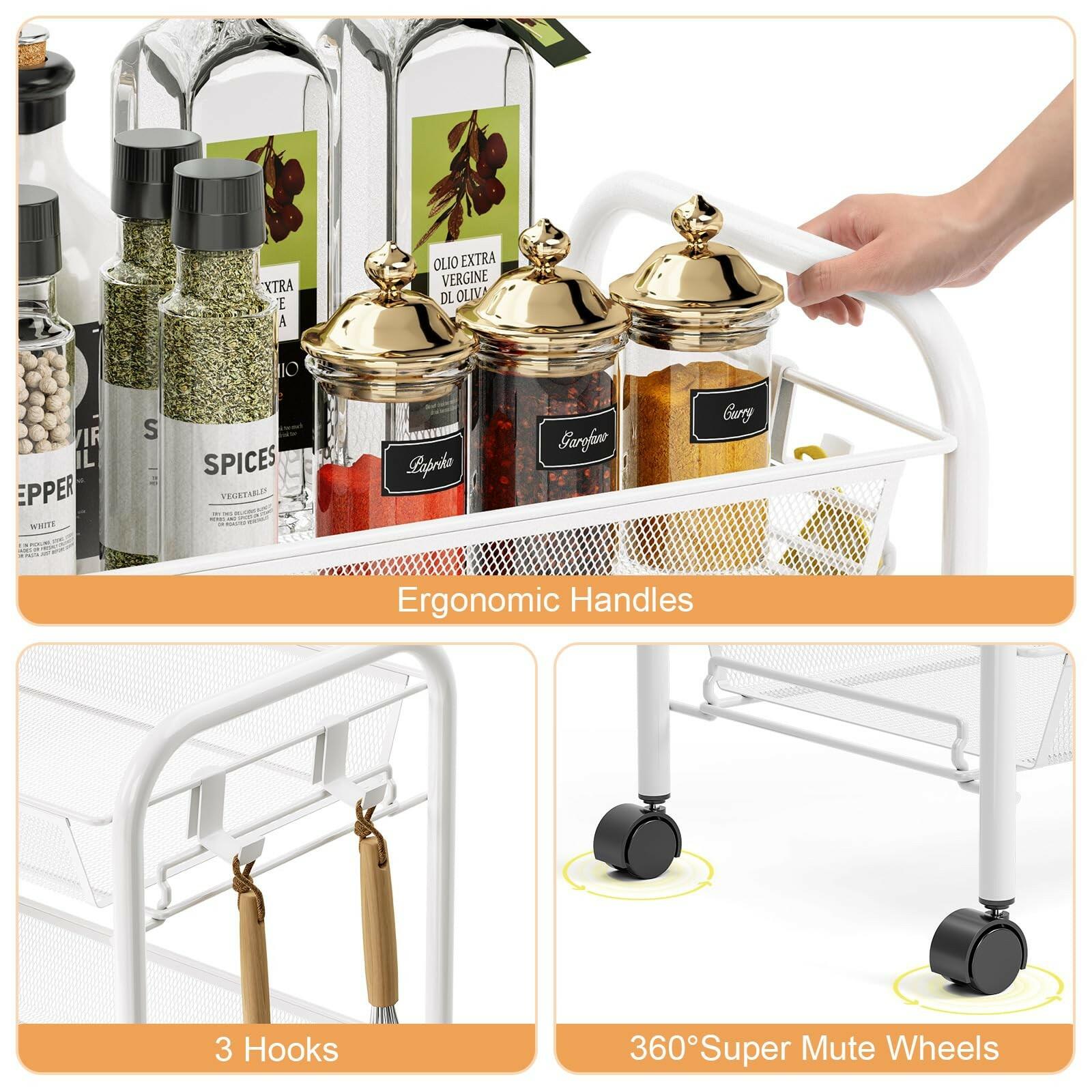 TOOLF 4-Tier Rolling Cart, Metal Utility Cart with 3 Hooks, Easy Assemble Mobile