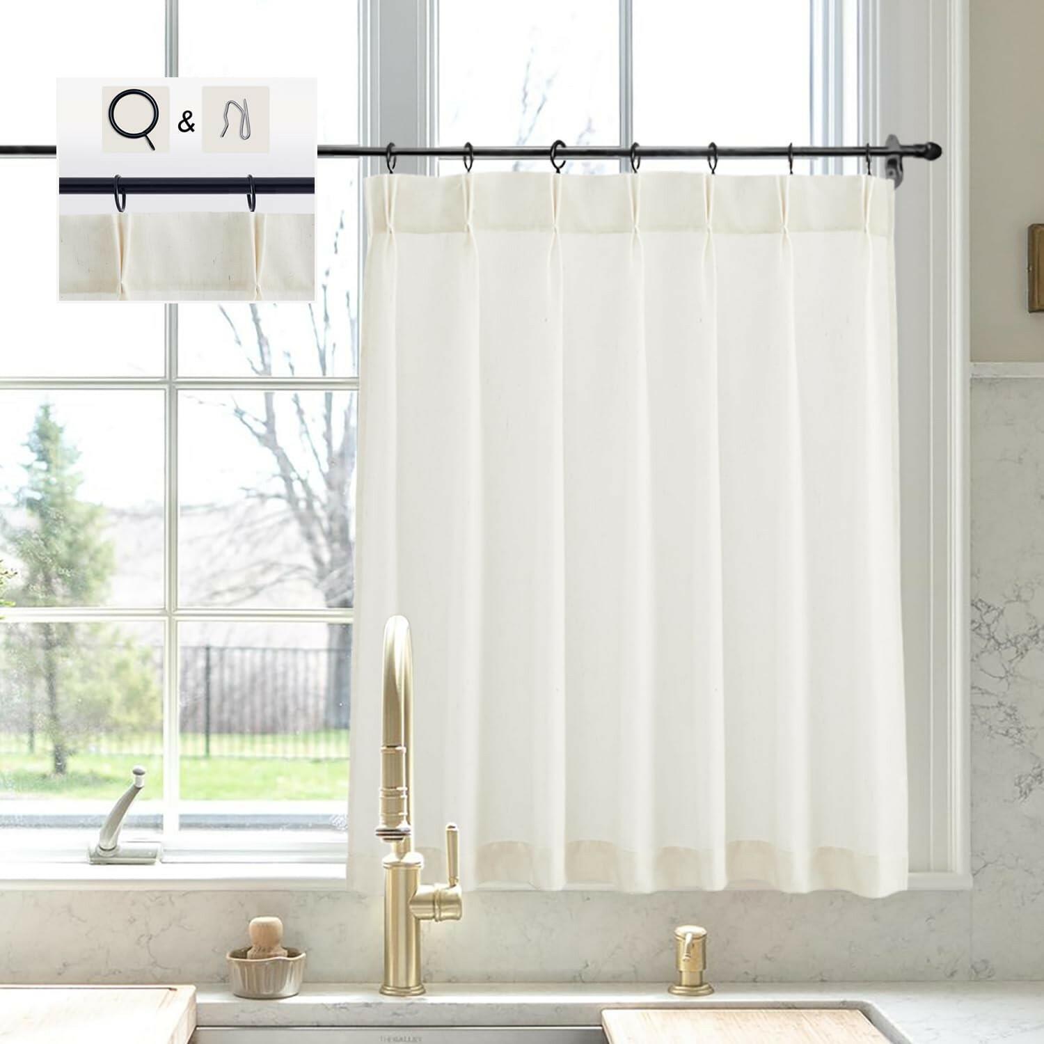 Natural Linen Kitchen Curtains 36" W x 30" L Pinch Pleat Cafe Curtains 1 Panels