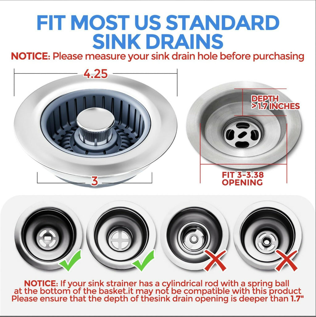 Sink Drain Strainer - Sink Stopper Kitchen Drain, 3 in 1 Kitchen Sink Drain