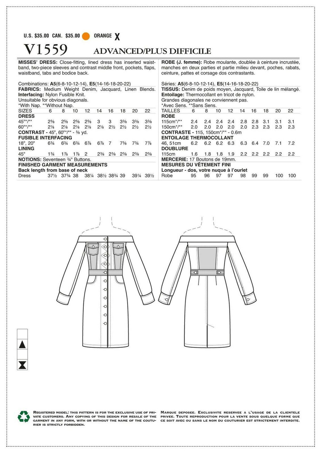 Vogue Patterns Misses' Off-The-Shoulder Shirtdress With Pockets, 14-16-18-20-22,