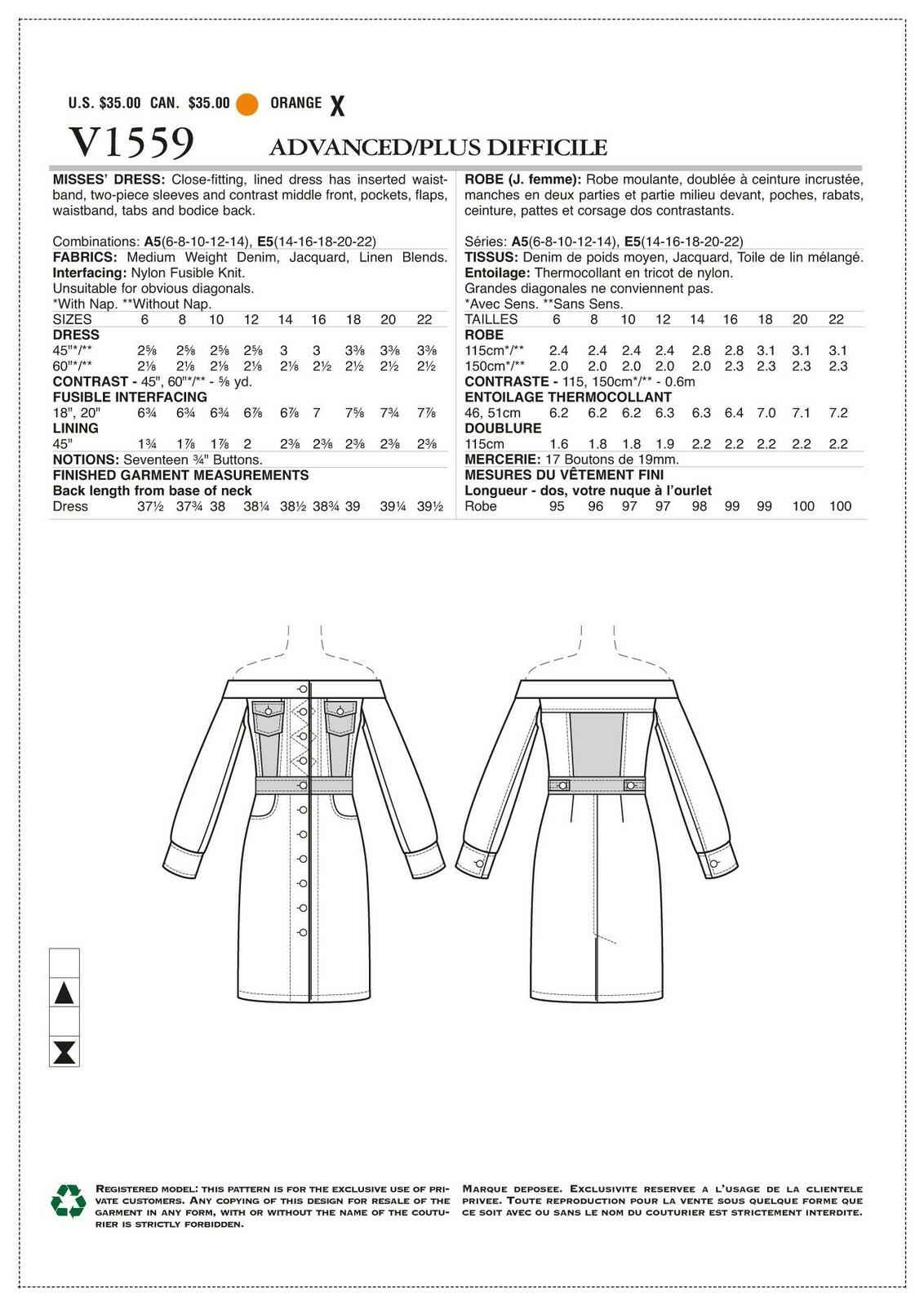 Vogue Patterns Misses' Off-The-Shoulder Shirtdress With Pockets, 14-16-18-20-22,